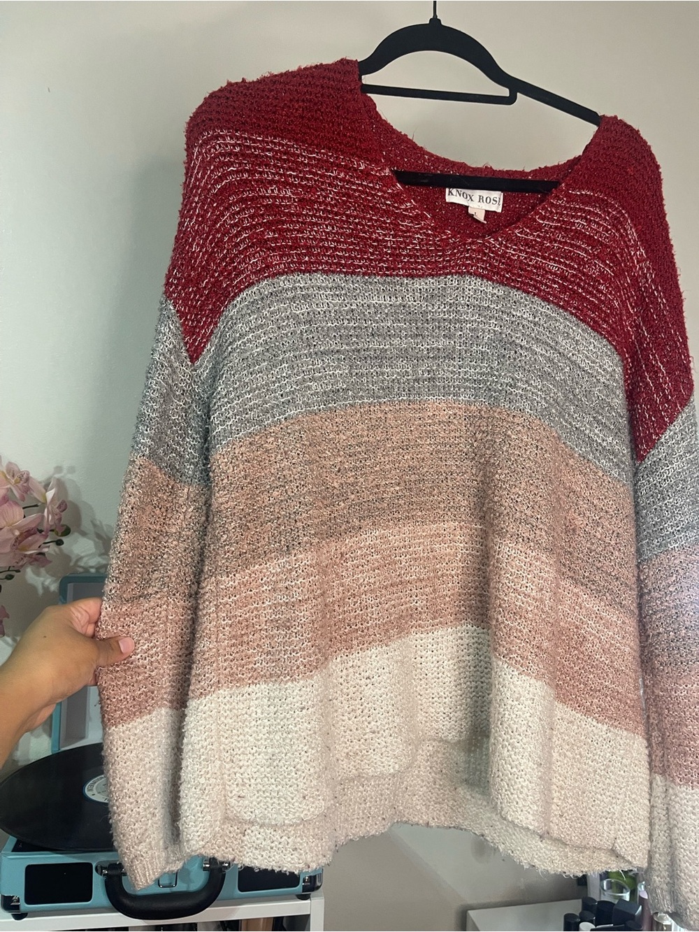 Knox Rose Women's Red & Neutral Stripe Cozy Knit Sweater